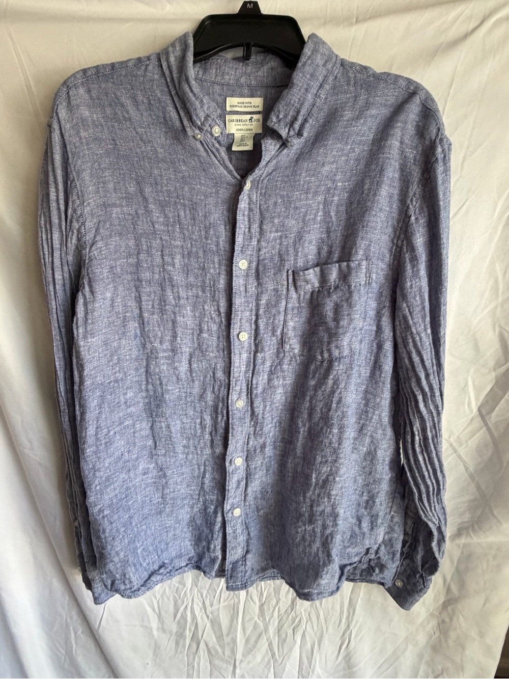 Caribbean Joe Shirt Size L Blue 100% Linen Button Up Long Sleeve european flax